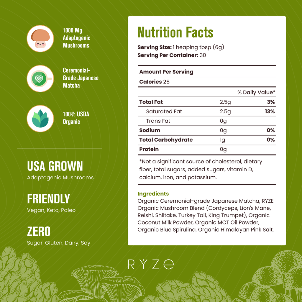 Mushroom Matcha - with 6 Organic Adaptogenic Mushrooms Grown In USA and Ceremonial-Grade Japanese Matcha K1 ED